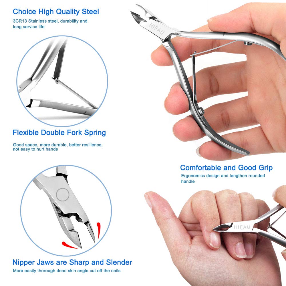 HIFAU Professional Cuticle Nippers Kit, Cuticle Trimmer with Cuticle Pusher & Other Durable Nail Care Manicure Kit for Women, Premium Stainless Steel & Ergonomic Design, Travel & Gift