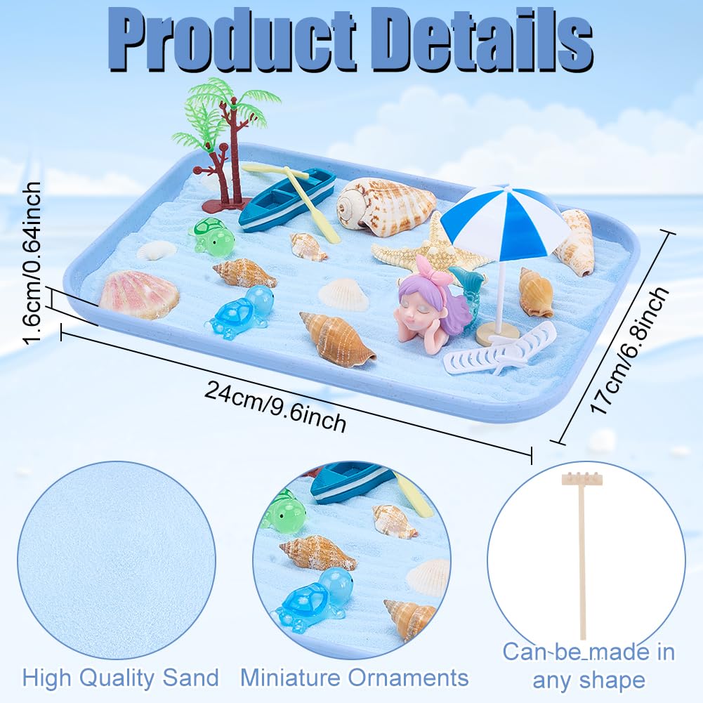 WEBEEDY Ocean Themed Desktop Zen Garden Kit Meditation Decor,Mini Japanese Sandbox Miniature Beach Zen Garden Sand Tray with Shells Starfish Conch Mermaid Ornaments Therapy Office Decor,9.4x6.8inch