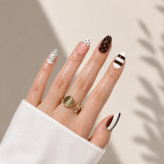 Lahuya Press On Nails - Mocha Chic | Short Almond Fake Nails with Brown and White Graphic Nail Art, Polka Dot, Stripe & Swirl Design, Glossy Finish, Salon Quality | 15 Sizes - 30 Nail Kit with Glue