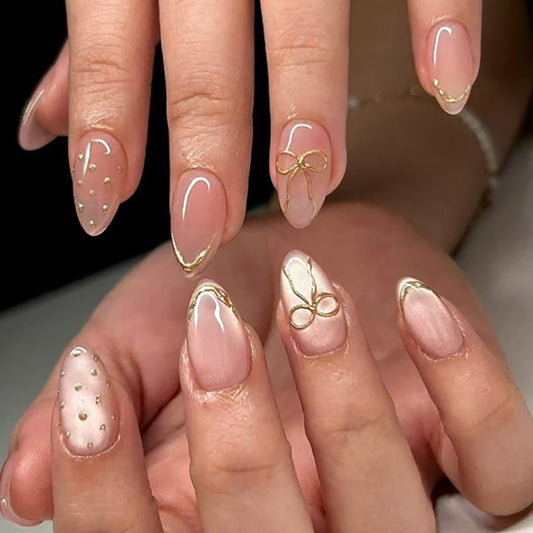 Nude Press on Nails Short Almond Fake Nails Cute Nails Press ons with Gold Bow,Polka Dots Design Reusable Artificial Nail Full Cover Stick on Nails for Women Manicure 24Pcs