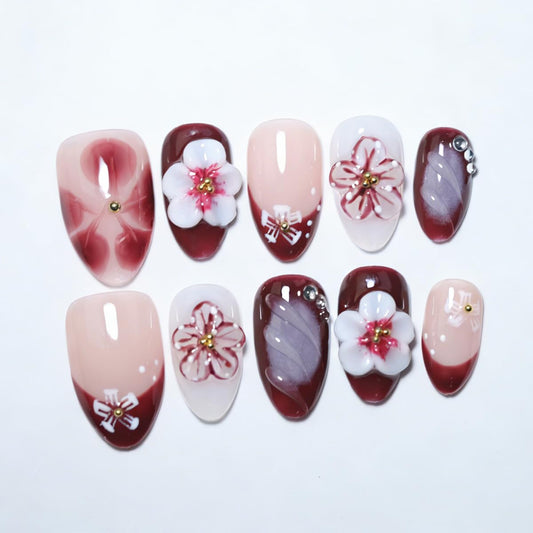 10Pcs Short Almond Handmade Press On Nails | Nude Pink & Burgundy Ombre with 3D Floral & Rhinestone Decor | Reusable Salon-Quality Fake Nails for Women and Girls (251209, XS)