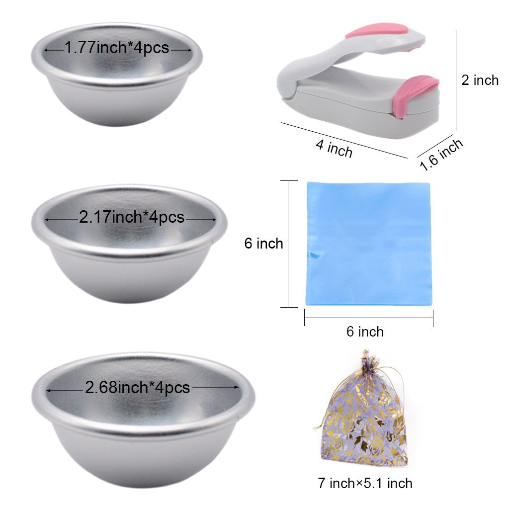 Bath Bomb Mold Set 228 Pieces - 200 Packs Shrink Wrap Bags,12 Pieces of DIY Metal Mould,Spoons,Gift Bags,Mini Heat Sealer (Instruction Included)