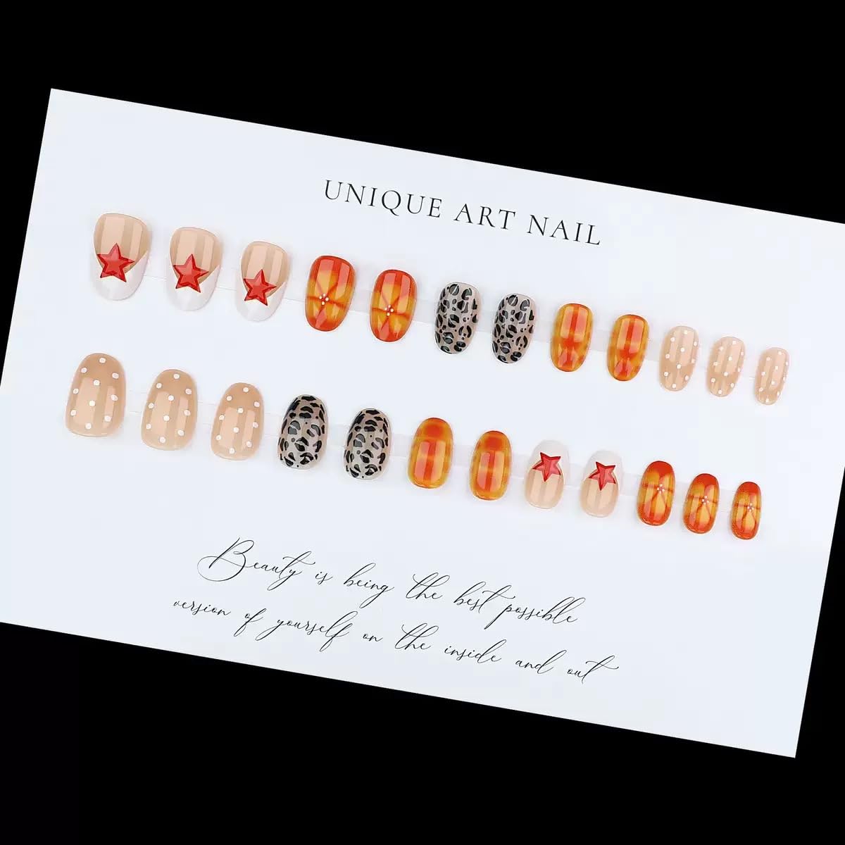 CTTHNBD Short Press on Nails - Oval Fake Nails with Star Polka Dot Design - Leopard Print, French Tip False Nails for Women - 24 Pcs