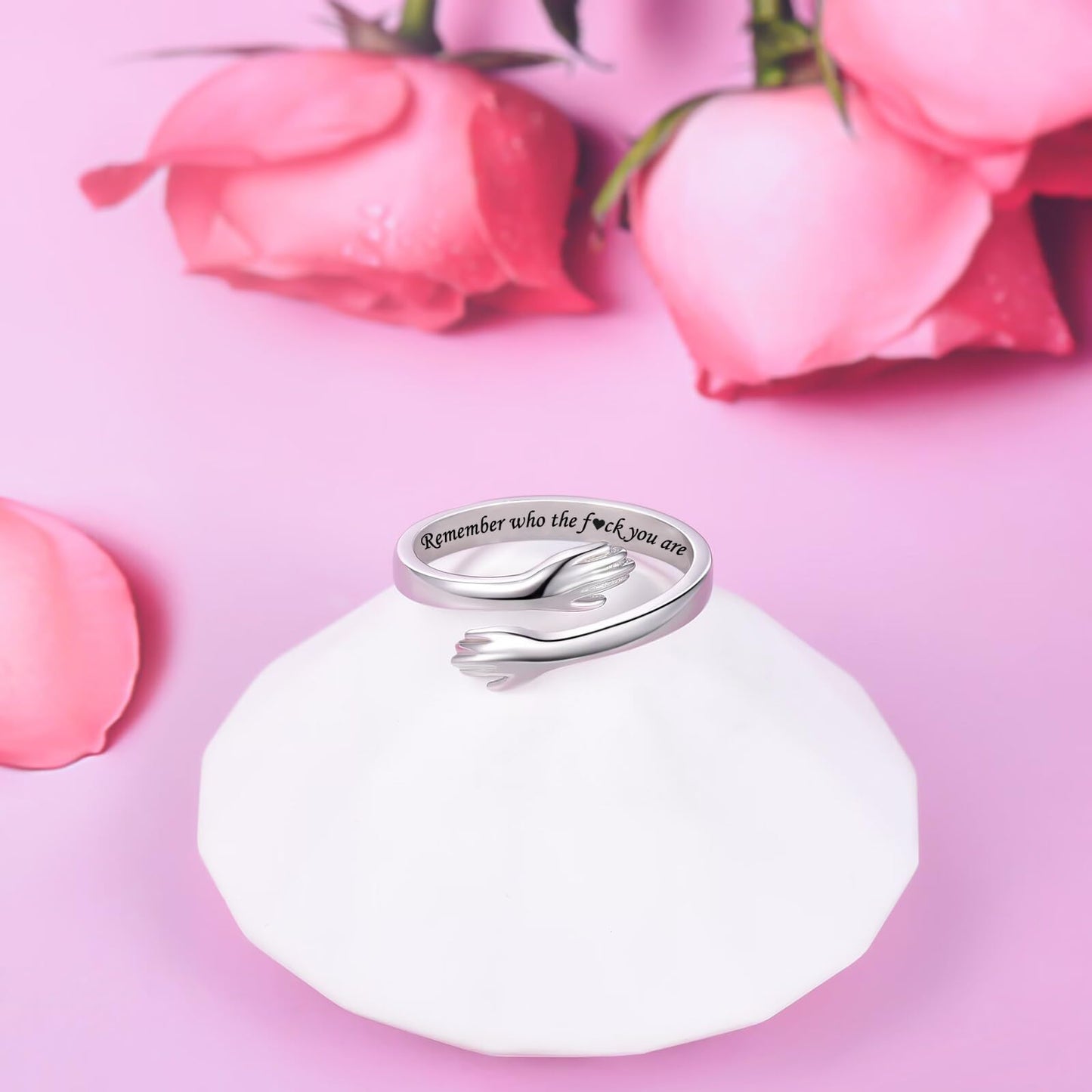 ACJFA Hug Rings for Women Sterling Silver Adjustable Ring Thumb Ring Birthday Mother Gifts Jewelry (Remember who the f♡ck you are)