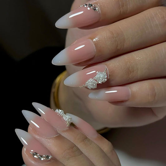 FIEONCIY Press on Almond Nails Short Length Glossy Acrylic Almond Shaped False Nails with Designs Artificial Medium Fake Nails with Charms Glue Stick on Fingernails for Women Girls(WSJ2403)