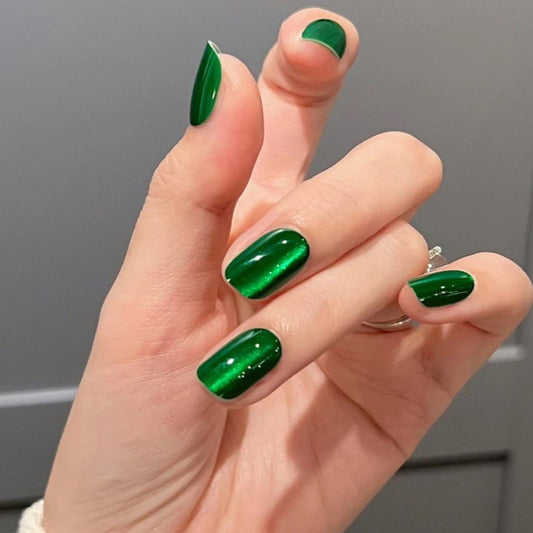 Green Press on Short Square Glitter Nails With Designs - Bling Coffin Acrylic Full Cover Glossy Artificial Stick on Nails for Women Manicure - 24pcs