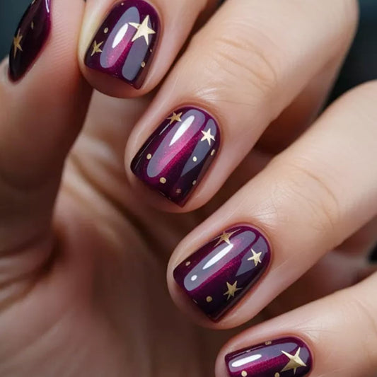 24Pcs Glitter Purple Star Press on Nails Short Square Cat's Eye Fake Nails with Gold Stars Design Glossy Glue on Nails Cute Starry Sky Acrylic False Nails for Women Daily Wear Party Holiday Manicure