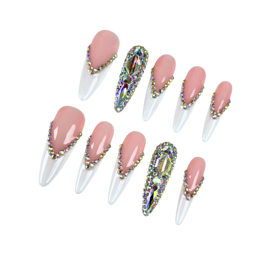Yabonica French Tip Press On Nails Long Stiletto,10 Pcs Handmade Acrylic Fake Nails Press Ons Salon Design Stick On Nails,Luxury UV Gel Glue On False Nails with 3D Rhinestone 039L)