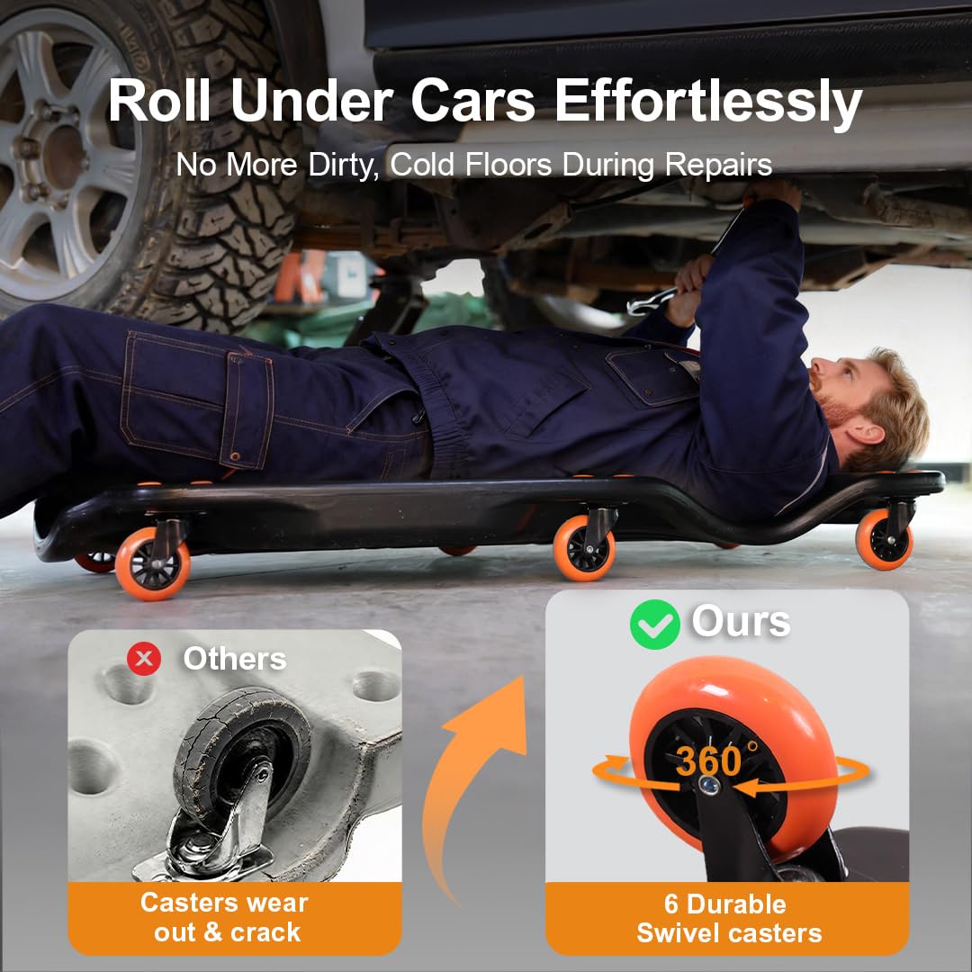 HYDRAULIC PRO 42" Mechanic Creeper with 6 Swivel Casters, Ergonomic Car Creeper with 2 Soft Pads, 350LBS Capacity Low-Profile Design & 2 Tool Trays for Automotive and Garage Repair