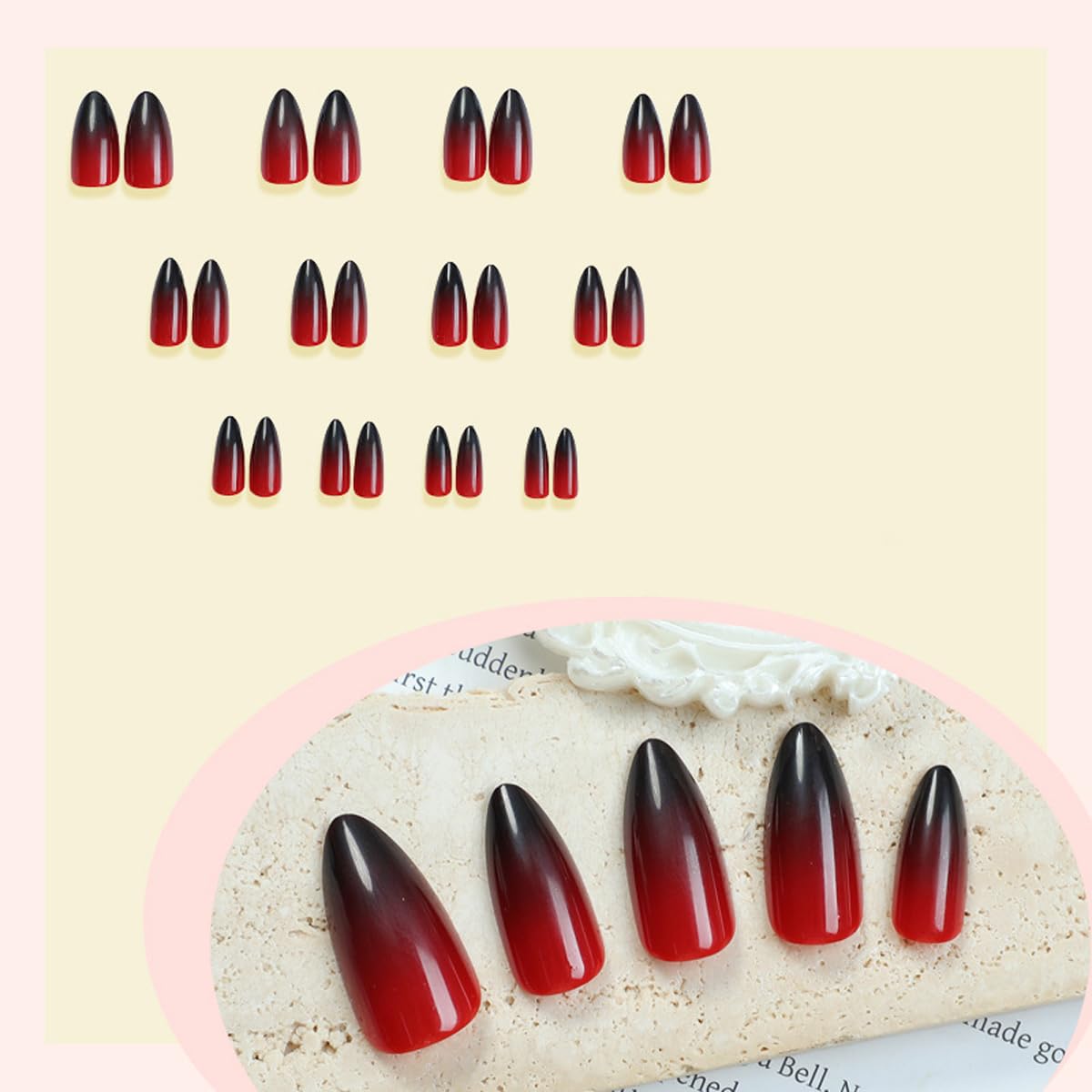 Ombre Press on Nails Medium Almond Fake Nails, Black Red Gradient Glossy False Nails, Reusable Stick on Nails for Women Manicure 12 Sizes - 24 Pcs