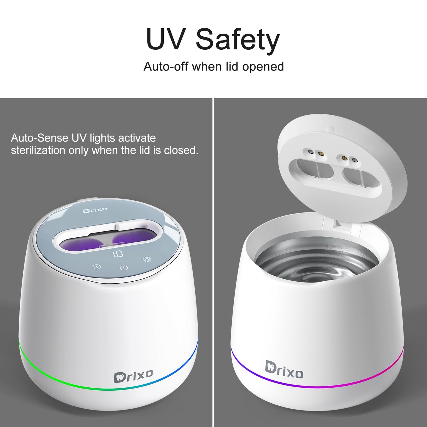 Drixo Ultrasonic Retainer Cleaner Machine, IPX6 Waterproof Dental Cleaning Pod, 3 Modes Denture Cleaner for Night Guard Mouth Guard Braces, 45kHz Denture Dome with UV Light, 200ML Tank, Arctic White