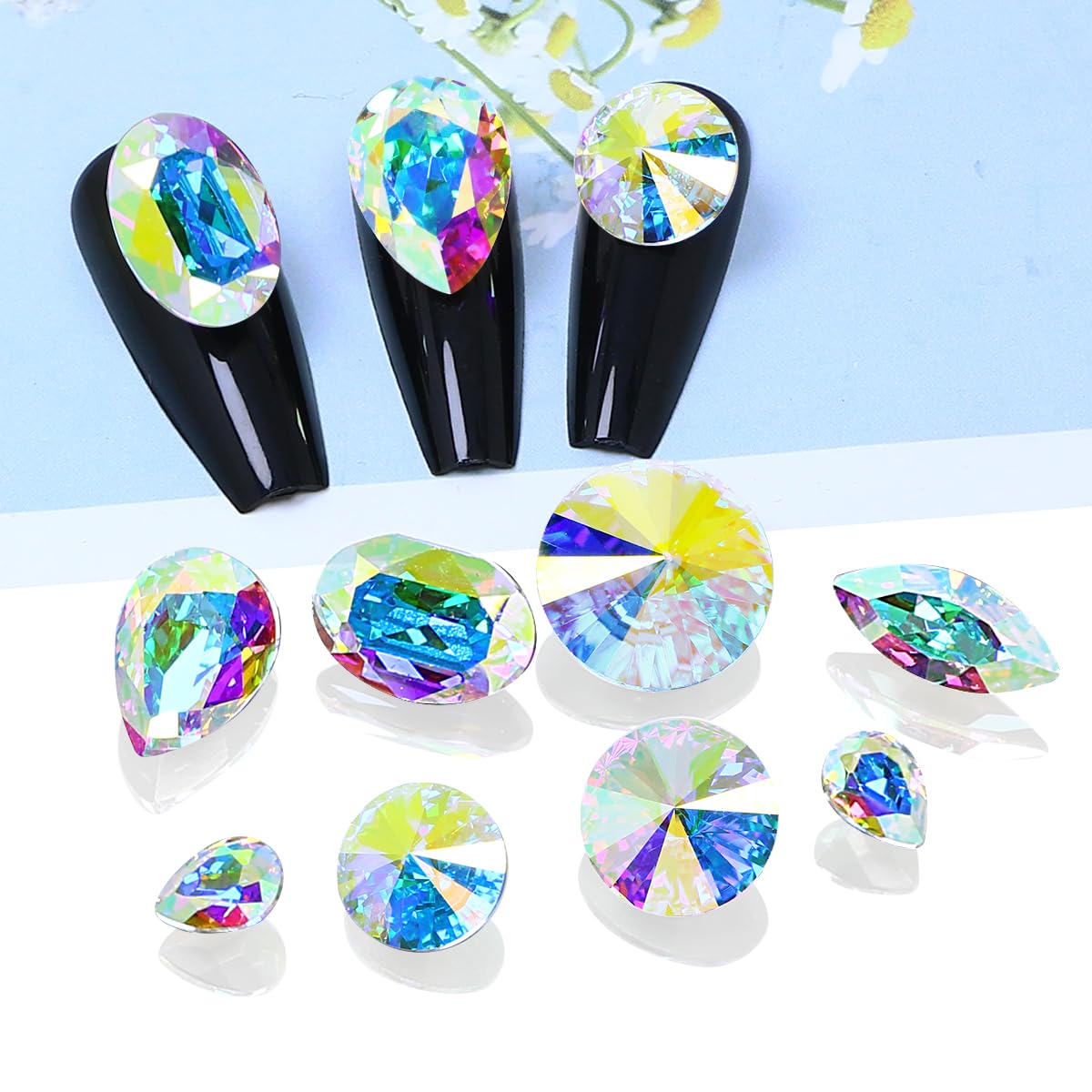Dongzhou K9 Glass Crystal AB Nail Rhinestones Pointed Back Crystals Mix Sizes Gems Stones Decorations Set for Nail Art Clothing Jewelry Shoes Bags, Especially for Nails Design