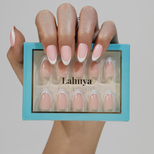 Lahuya Press On Nails - La Dame | Nail Artist Designed s with Purple Aurora Shimmer Short Almond Nail & White French Tips | 15size 30 Nails