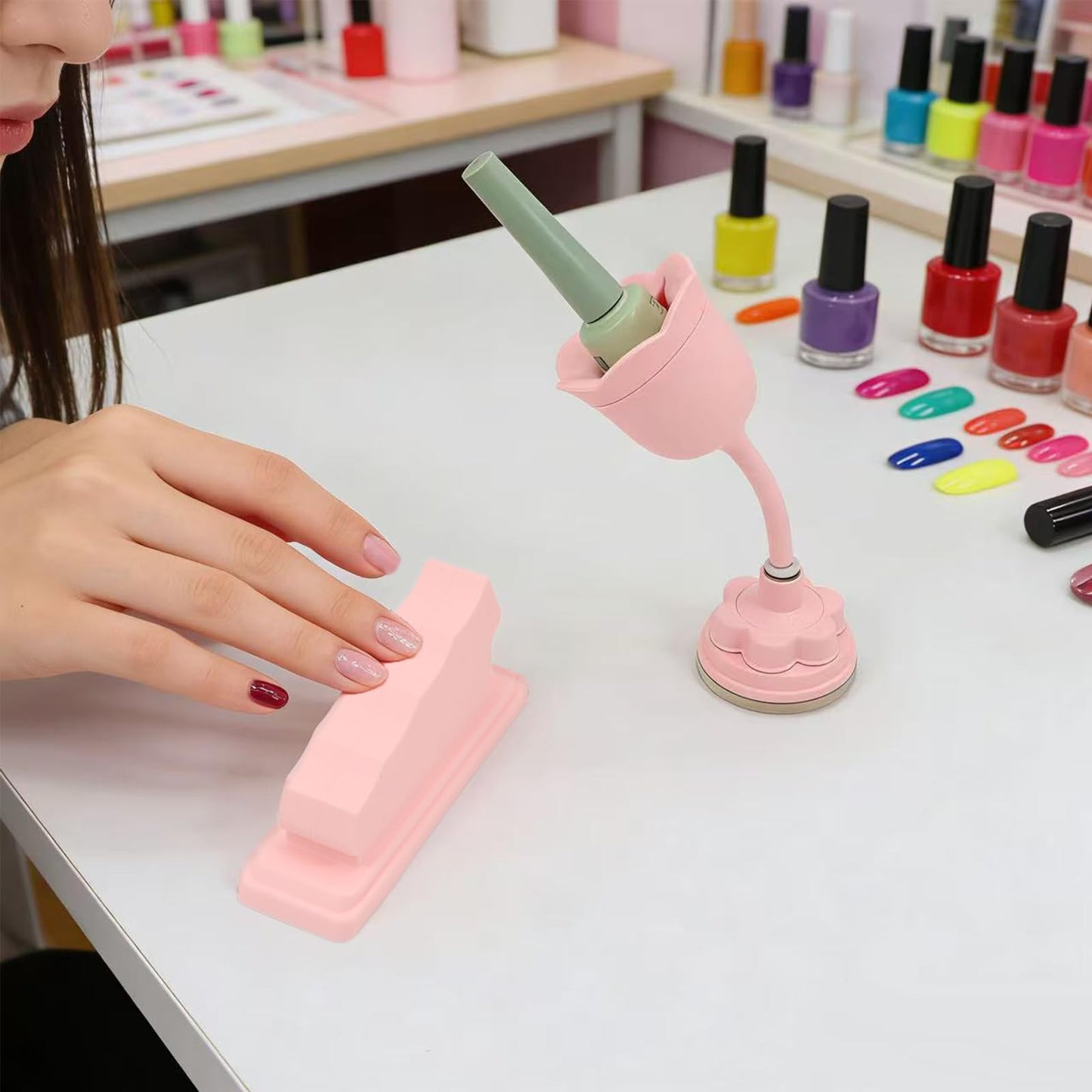 DR.YYDF Nail Polish Bottle Holder with Silicone Hand Rest, Tilted and Anti-Spill Nail Polish Holder Stand, Strong Suction cup, 360°Rotation Rose-like Nail Stand, Nail Art Tools (Pink Stand and Hand Rest)
