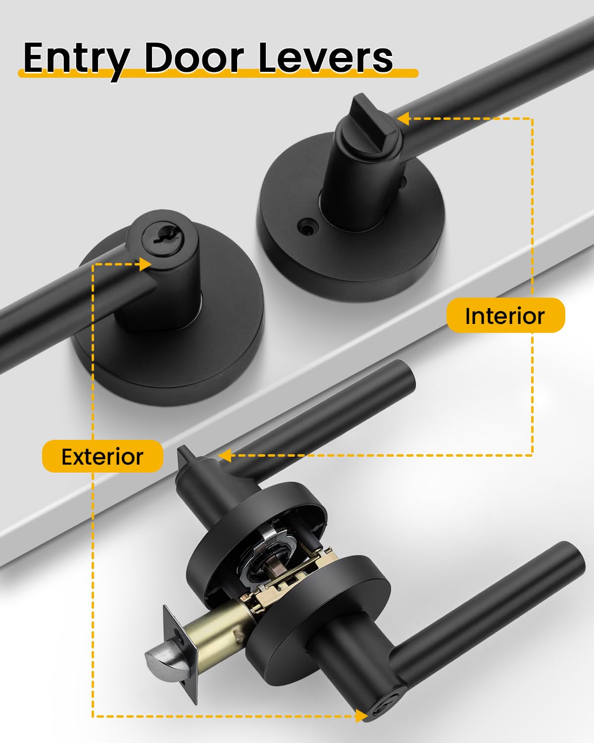 Goldenwarm Matte Black Entry Door Handle with Lock and Key, Zinc Alloy Exterior Door Handle, Balck Keyed Front Door Lever (1 Pack)