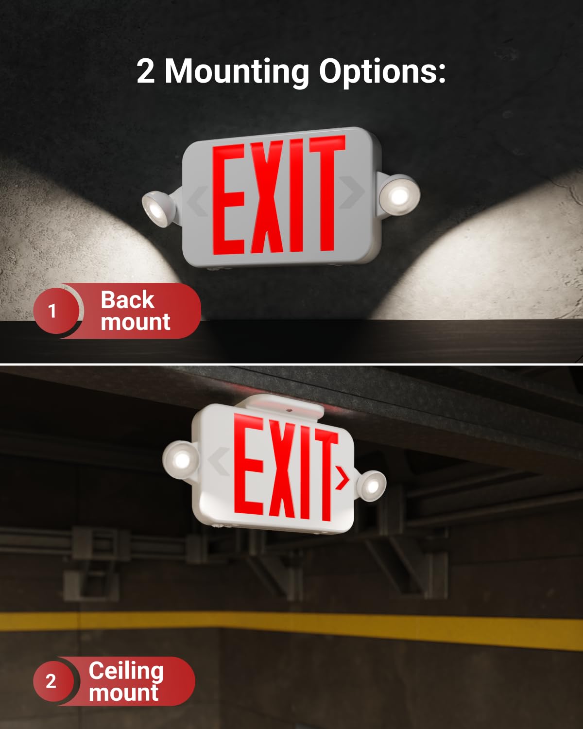 Sunco 30 Pack LED Exit Sign With Emergency Lights, Red, Two Mini Adjustable Lights, 94V-0 Fire Resistant, Backup Battery, 2.3W 6000K Daylight Deluxe, 200 Lumens 120-277V, Wall Or Ceiling Mount UL.