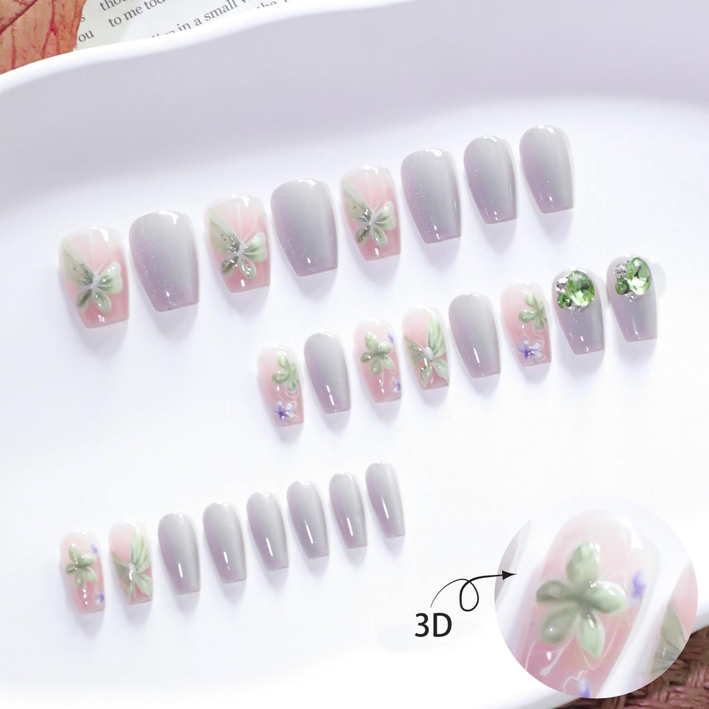 24Pcs Flower Butterfly Press on Nails Medium Fake Nails 3D Charm Gems Full Cover Acrylic False Nail Sparkling Glue on Artificial Nails Glossy Stick on Nail Nude Pink Press on Finger Nail Set for Women