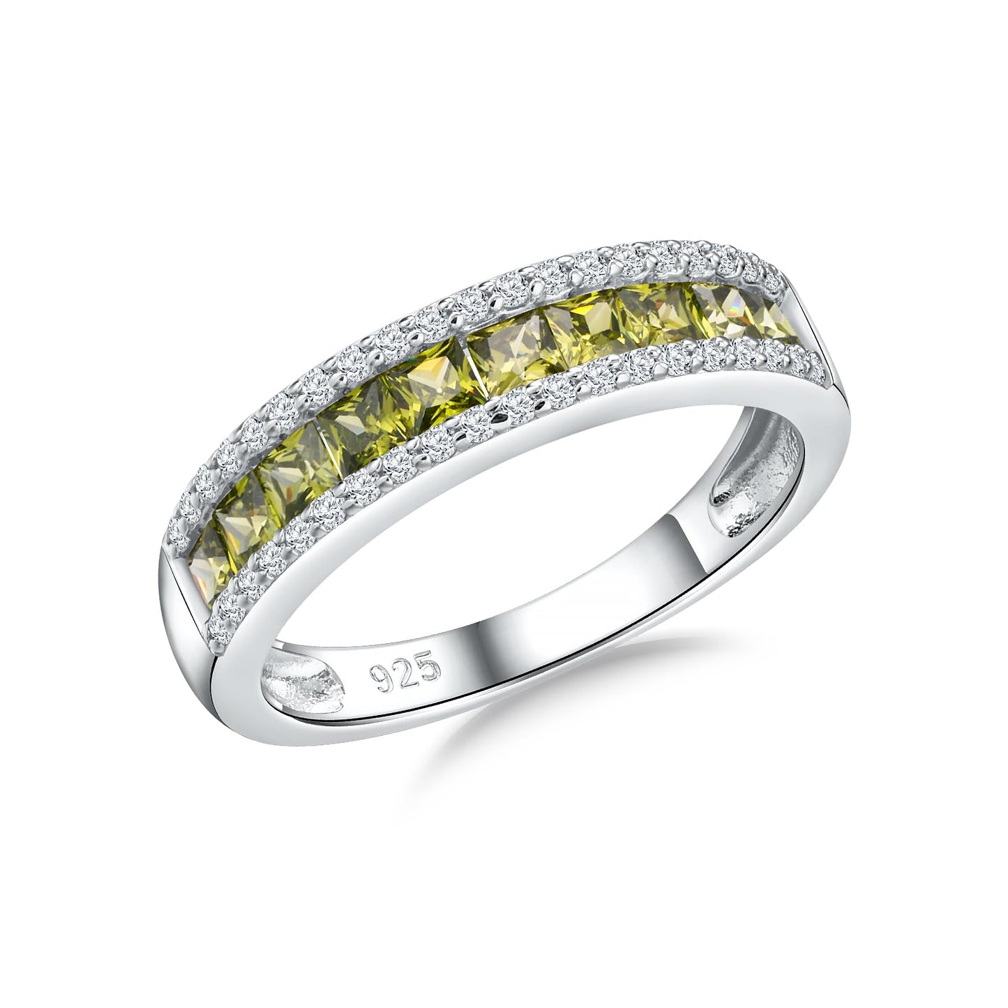 RANDES Peridot Rings for Women Channel Set Princess Cut Eternity Band 925 Sterling Silver August Birthstone Rings Peridot Jewlery Size 8