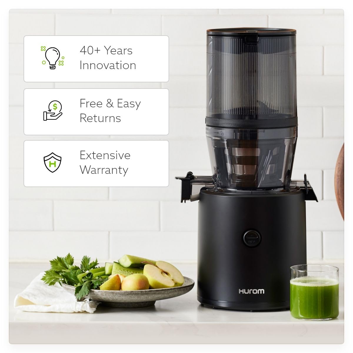 Hurom H320 Cold Press Juicer Machine, Easy to Clean Masticating Slow Juicer, Coarse Strainers, Self-Feeding, Hands Free, Family Size, Quiet Motor, Easy Assembly (Black)
