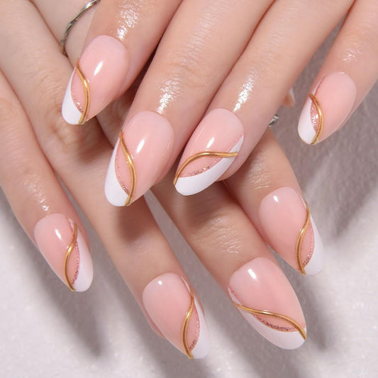 evpct French Tip Press On Nails Short Almond, Nude + Gold Pink Line & White Tips, Short Almond Fake False Press on Nails, Reusable Gel Stick on nail Press ons Nail Kit, Salon Quality