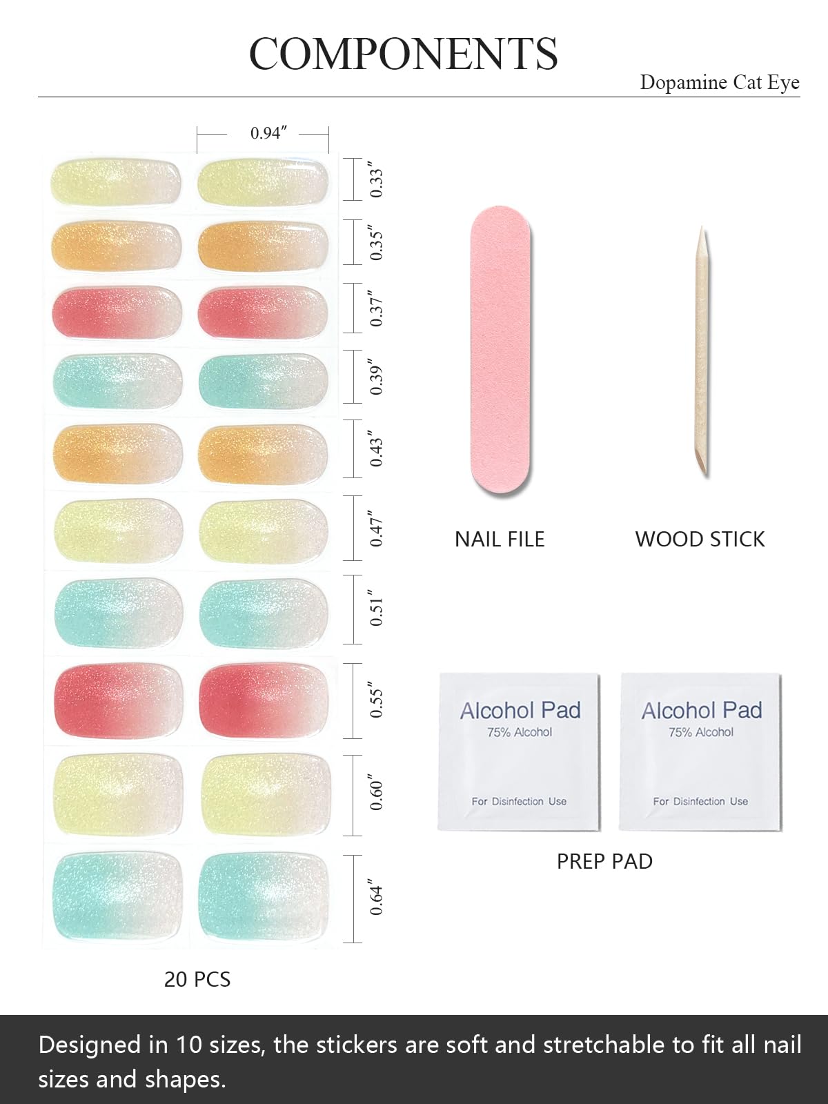 AutyaMee Semi Cured Gel Nail Strips (Dopamine Cat Eye), 20 Pcs Gel Nail Wraps, Stickers, Salon Quality, Works with Any UV Lamps