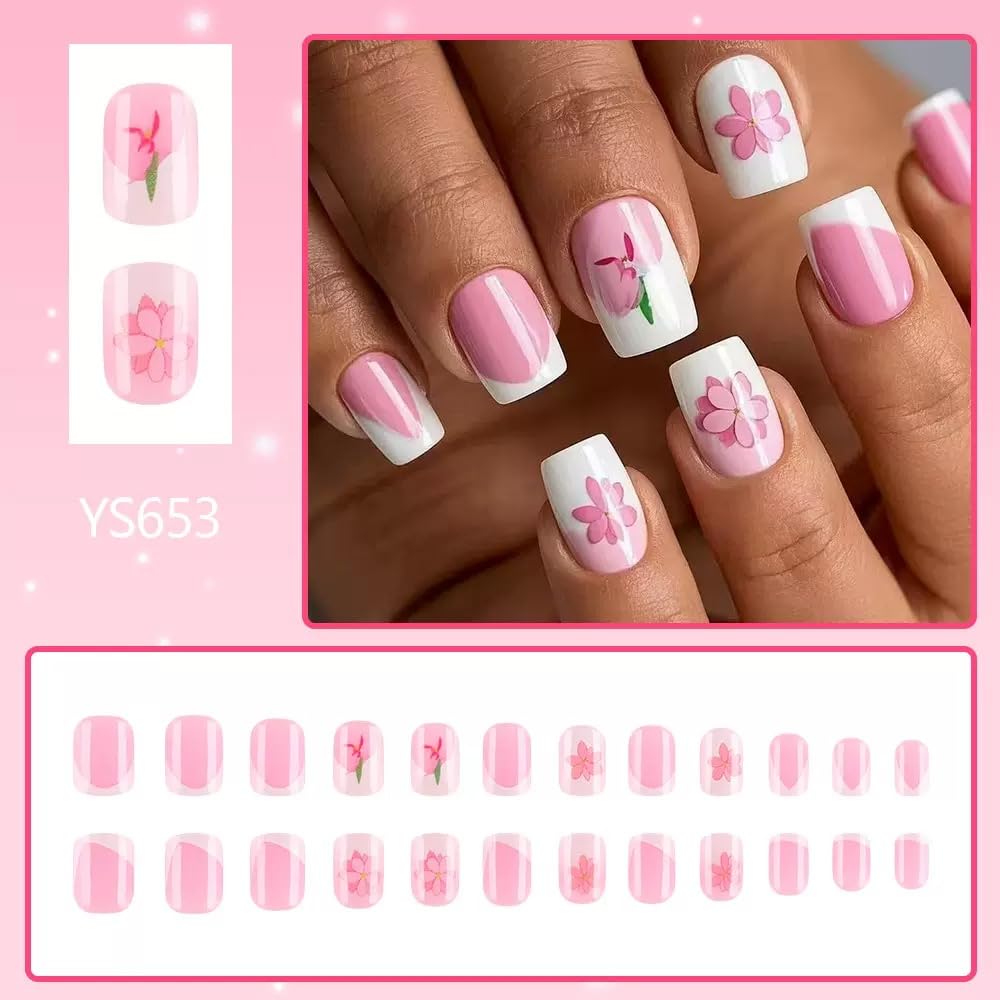 CTTHNBD Press on Nails Square - Short Fake Nails with Pink Flower Design - White French Tip False Nails Press ons - for Women 24 Pcs