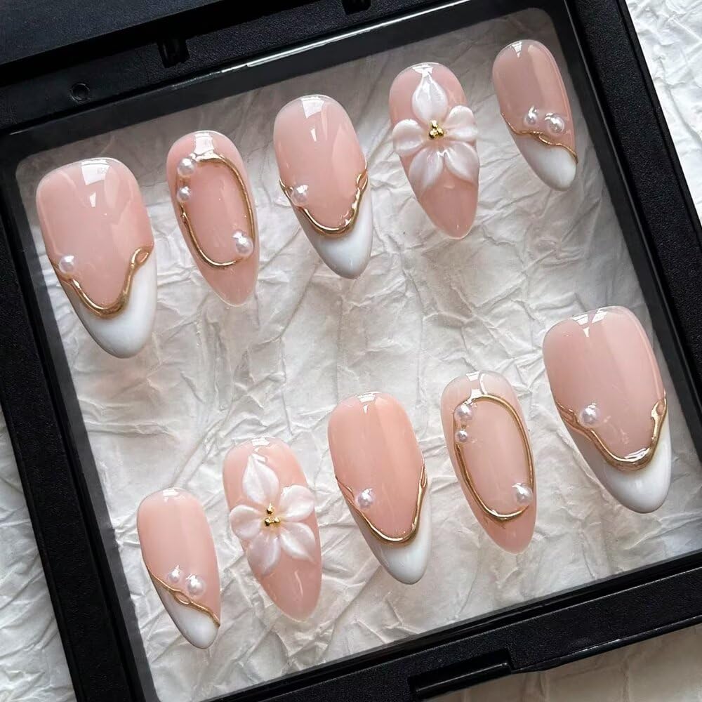 Spring Press On Nails MAGLFELL Handmade Almond Fake Nails, 3D Carving Floral and Pearl Design,10 Pcs Reusable ABS Material Acrylic Fingernail Tip Salon Artificial Nails Kit (Size S)