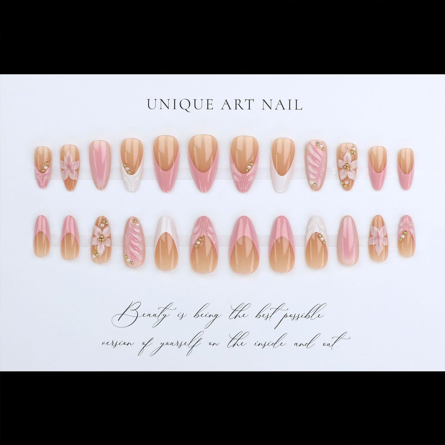French Tip Press on Nails Medium Almond Fake Nails with 3D Floral Desings Pink Flower False Nails Press ons Glossy Full Cover Glue on Nails Spring Summer Acrylic Nails for Women