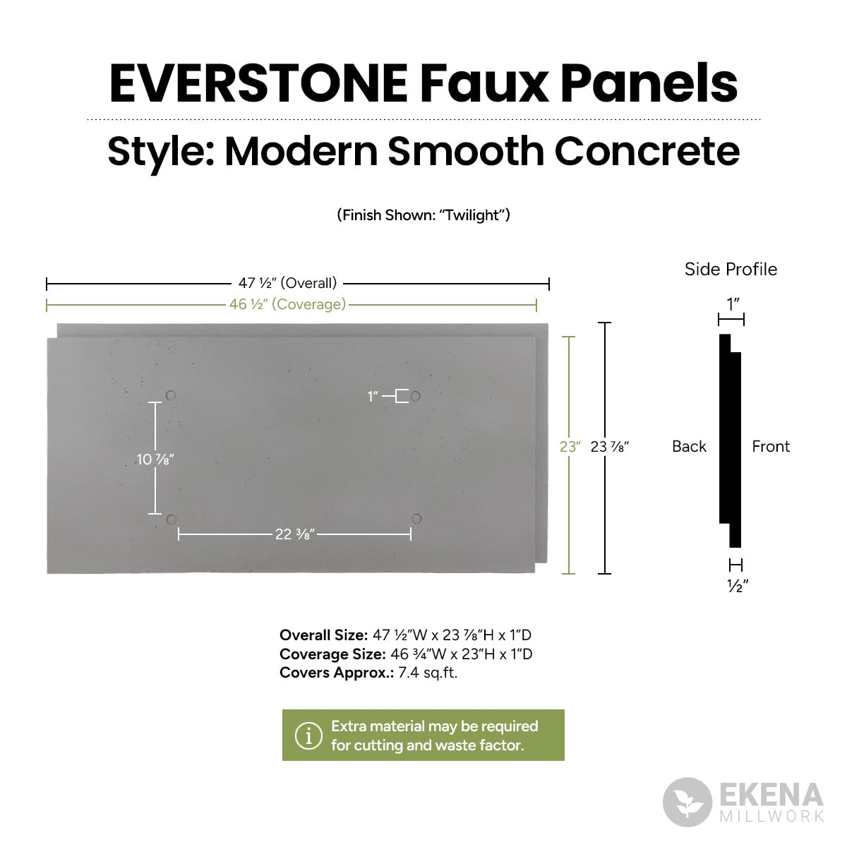 EverStone Modern Smooth Faux Concrete Panel, 48 1/4"W x 24 1/8"H x 7/8"D, Drift Clay