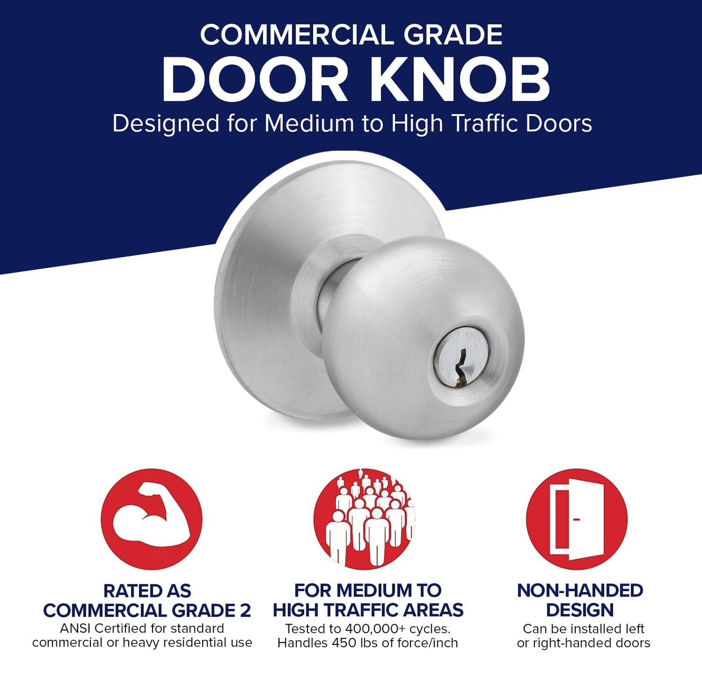 Door Knob Cylindrical Lock Entrance Function Keyed Entry & Lock Satin Stainless Steel Finish LH5304OB -US32D UL Certified ANSI/BHMA Grade 2 Commercial Door Knob for Heavy Duty Use Embassy Series