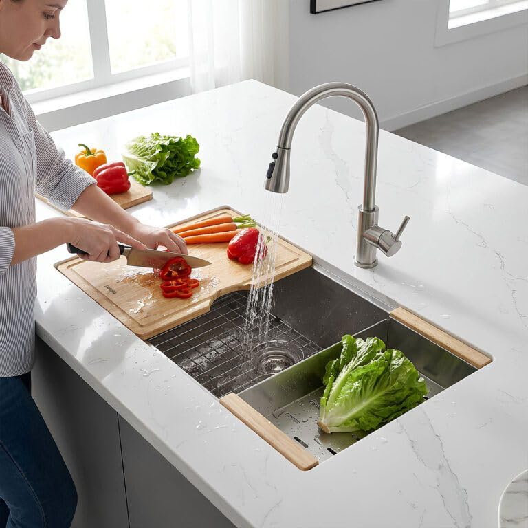 Dakota Workstation Kitchen Sink with Accessory Ledges, 30X20", 16 Gauge Stainless Steel, Undermount Single Bowl Drop In Sink with Colander, Bamboo Cutting Board, Bottom Grid, Premium Kitchen Sinks.