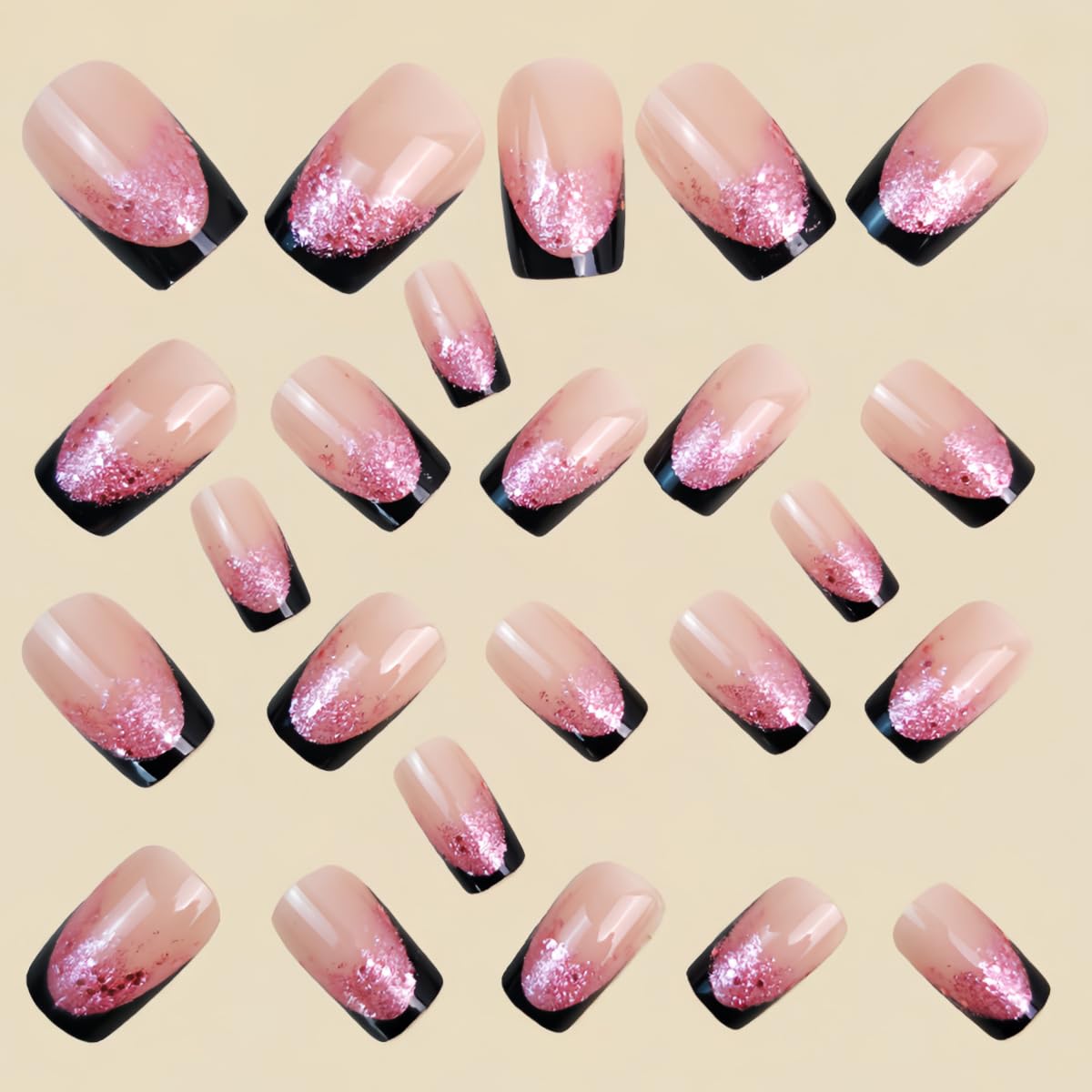 Black French Tip Press on Nails Medium Square Fake Nails with Pink Glitter Ombre French Tip Design Black Tips Glue on False Nail Pink Glitter Artificial Stick on Nail for Women 24Pcs