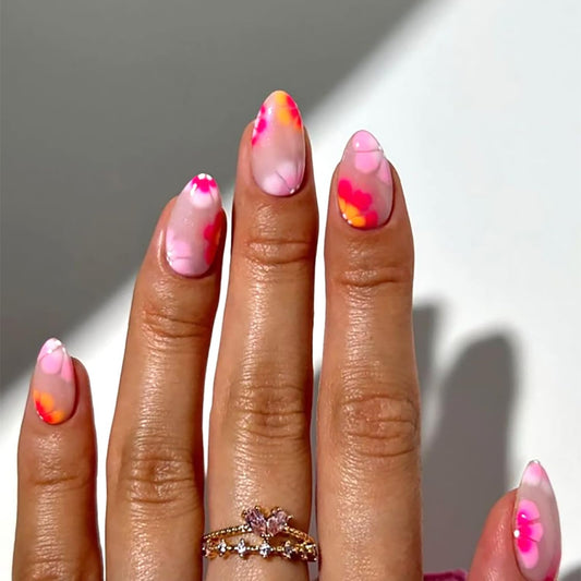 Medium Length Press on Nails Almond Fake Nails Glitter Pink False Nails Flower Reusable Acrylic Nails Glossy Full Cover Stick on Nails with Design Press ons Nails for Women 24 Pcs