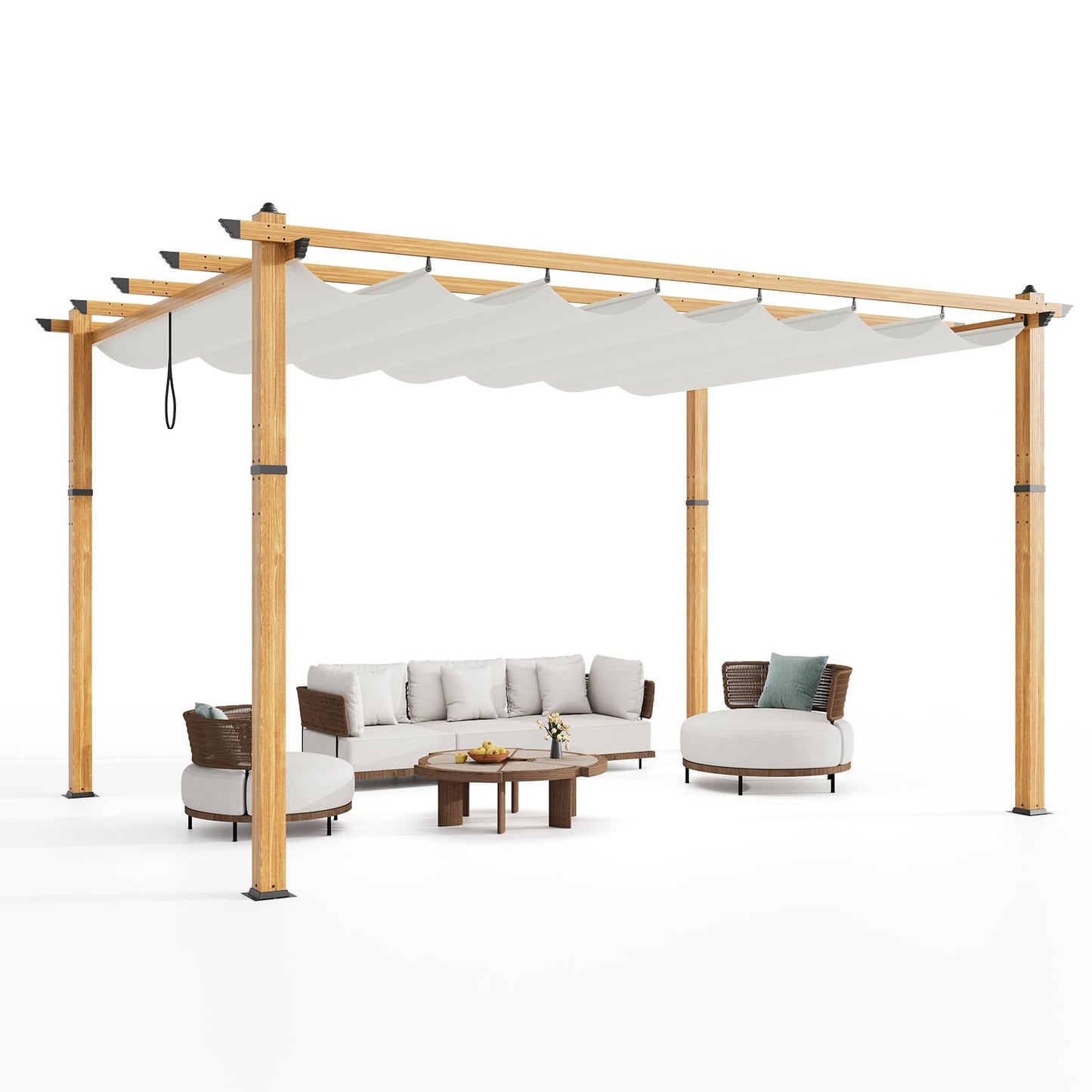 BouPower 10 x 13 ft Aluminum Pergola with Adjustable Canopy, Outdoor Metal Pergola, Imitation Wood-Grain Sun Shade Shelter for Garden Patio Backyard Deck