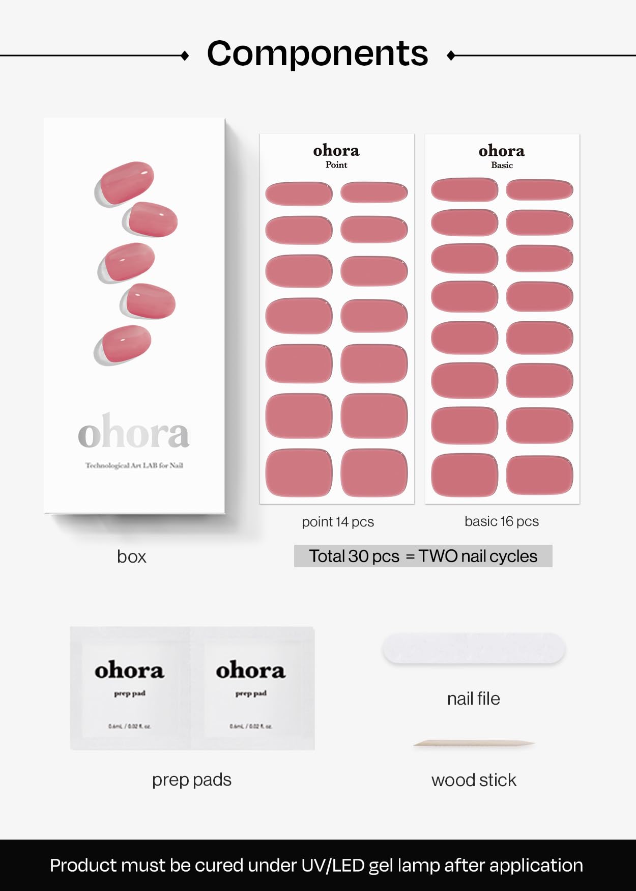 ohora Semi Cured Gel Nail Strips (N Juliet) - Pink, Solid, Works with Any UV/LED Lamps, Salon-Quality, Long Lasting, Easy to Apply & Remove - Includes 2 Prep Pads, Nail File & Wooden Stick