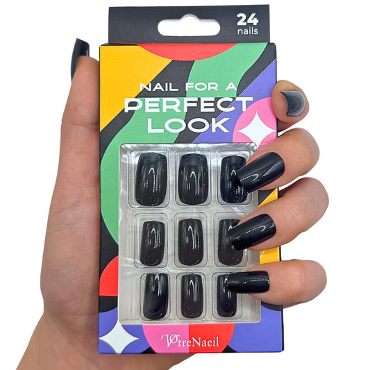 PerfectLook Press On Nails - Midnight Noir | No Glue Short Square Glossy Black Nail Tips for Party & Date Night - 24 Pcs Nail Kit with Adhesive Tabs