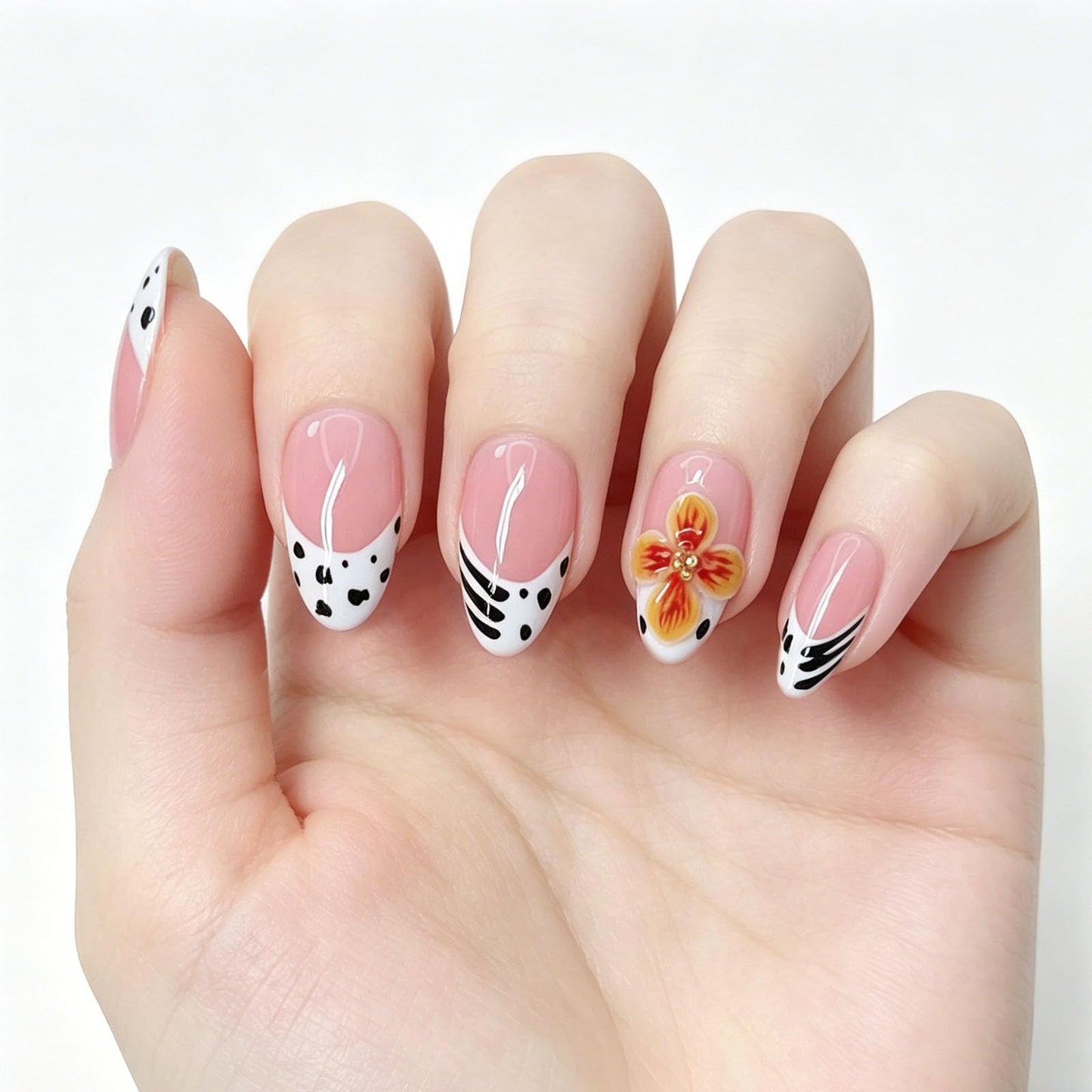 10 Pcs Pink Handmade Press on Nails Short Almond Fake Nails with 3D Flower Design Leopard Print French Tip False Nails Short Almond Press Ons Nails Acrylic M Size for Women