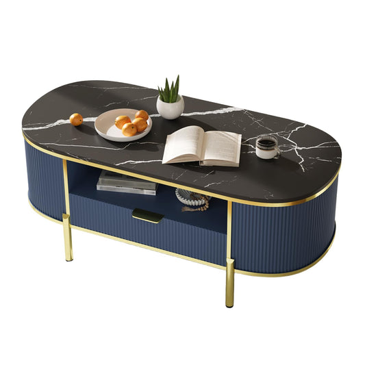 Takywep 48 inch Oval Coffee Table with Drawer, Fluted Modern Faux Marble Top Coffee Table for Living Room, Gold Metal Legs, Center Table for Lounge, Navy Blue