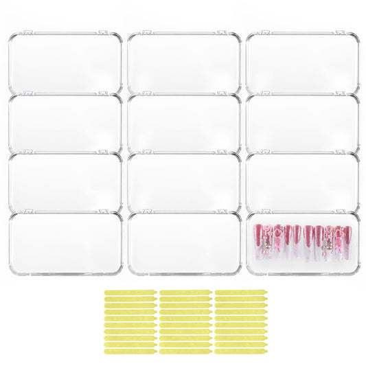 JynJyn 12Pcs Press On Nail Cases Large, 5.1”×2.95” False Nail Packaging Cases with 30Pcs Adhesive Double Sided Tape, Plastic Clear Box for Fake Nails Storage
