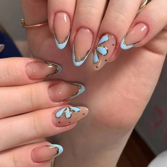 French Tip Press on Nails Medium Almond Acrylic False Nails Nude Ombre Blue Fake Nails Flower Gilding Full Cover Stick on Nails for Women Manicure Decoration 24Pcs