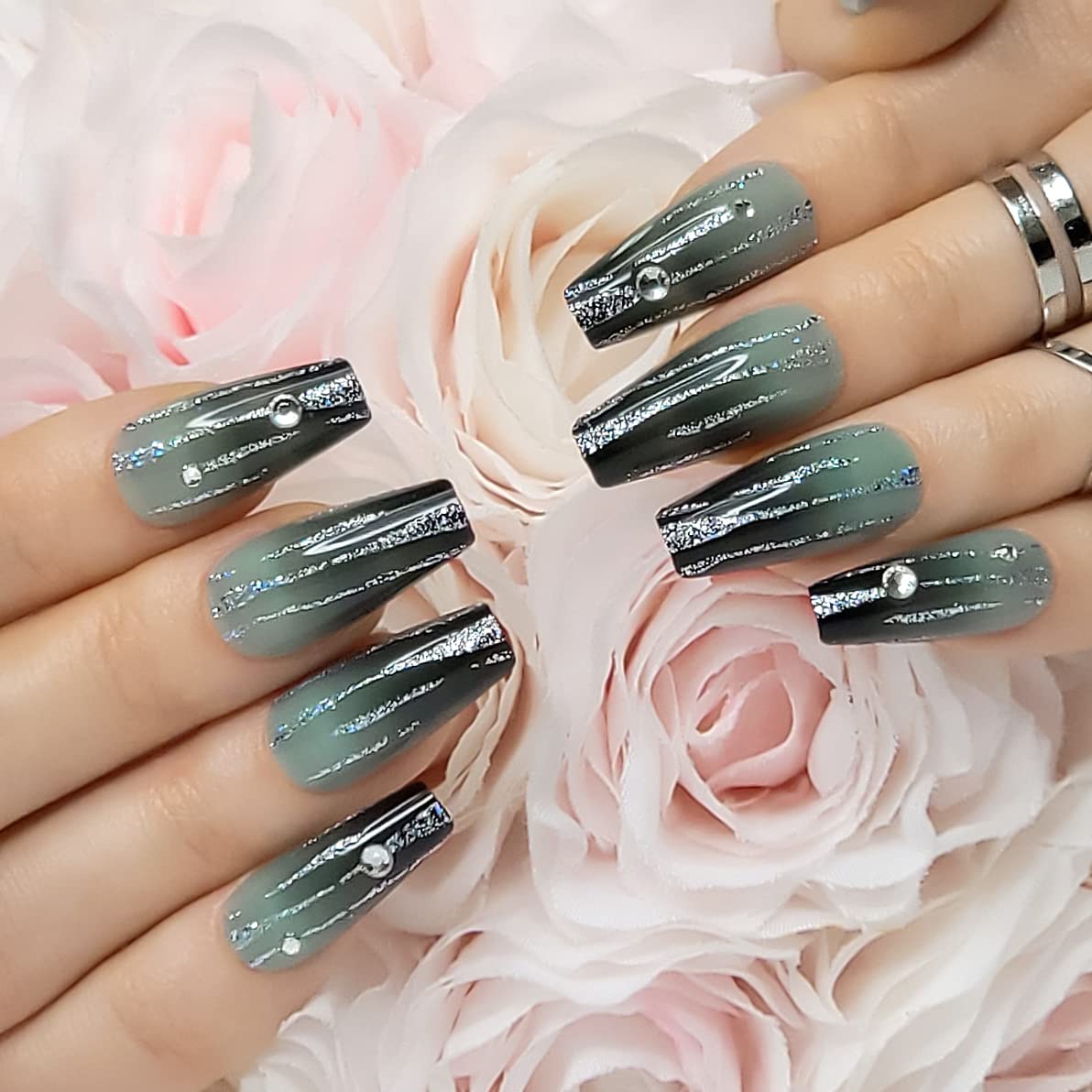 Hypnaughty 24 Pcs LUXE Black and Green Ombre Luxury Rhinestone Coffin Press on Nails with Glitter Design and Glue Long Fake Nails Black and Green Ombre Nails with Glitter and Rhinestones (LUXE)