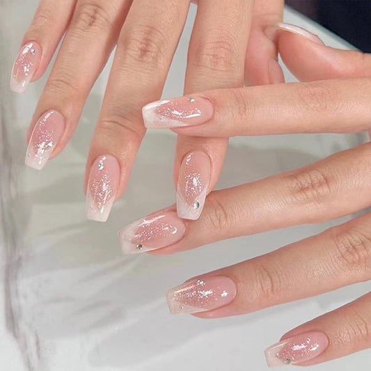 Press on Nails Short Coffin, French Tip Fake Nails with Glitter Sequins Design Nude Full Cover Stick on Nails Glossy False Nails with Glue for Women 24pcs