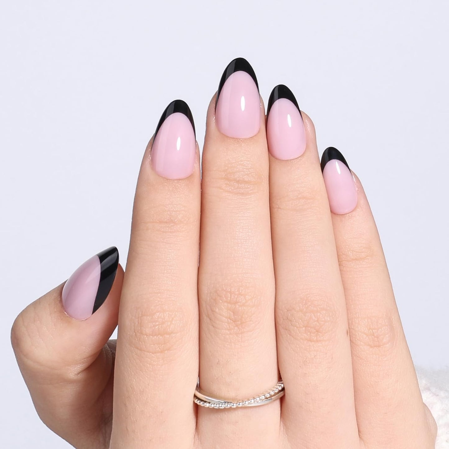Leefrei Black French Tip Press On Nails Short Almond - Natural Fake Nails, Reusable Glue On Nails for Women, 16 Sizes 32 Pieces Nail Kit with Glue, Black French Tip - Almond