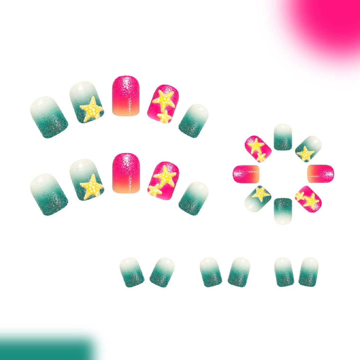 24Pcs Starfish Press on Nails Short Square Fake Nails with Gradient Glitter Designs Nails Press ons Red Green Artificial Nails Summer Stick on Nails for Women