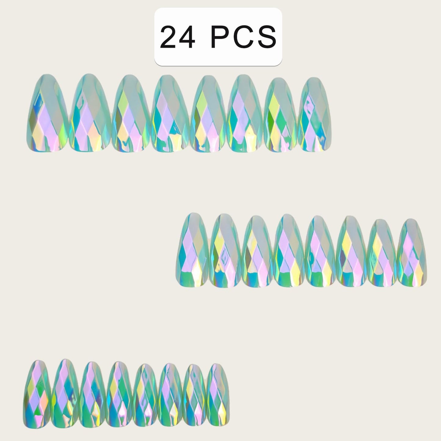 Mint Green Rhombus Electroplated Press on Nails Medium Almond Fake Nails Designs Mirrored Metal False Nails Light Green Full Chrome Grid Cover for Women Girls Daily Wearable Manicure Decoration 24Pcs