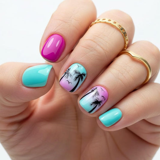 Short Square Press on Nails Spring Summer Fake Nails with Tropical Palm Tree Gradient Designs Full Cover Stick on False Nail Set for Women 24 Pcs