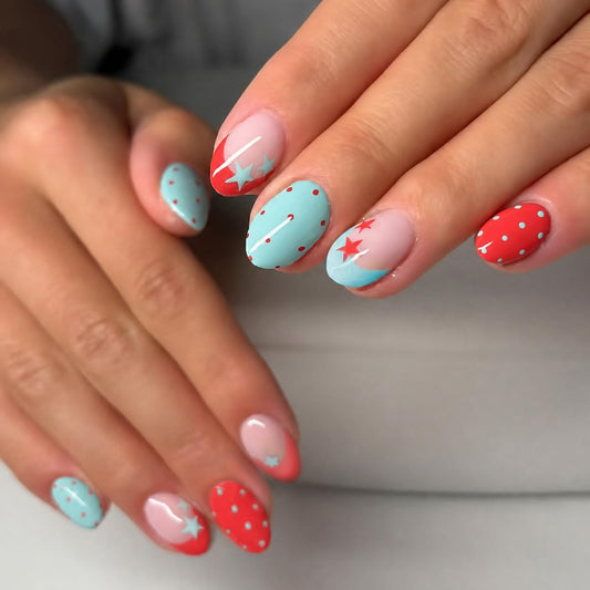QUNQINLI French Tip Press on Nails Short Oval Fake Nails Press ons Nail Art Tips Kit with Star Polka Dots Design Red Blue False Nails Full Cover Nude Glossy Glue on Nails for Women Manicure 24 Pcs