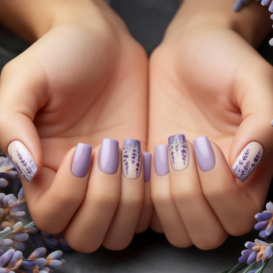 24pcs Purple Press on Nails Medium Length Square Fake Nails with Lavender designs Spring Stick on Nail Full Cover False Nails Acrylic Reusable Glue on Nails for Women Summer Manicure