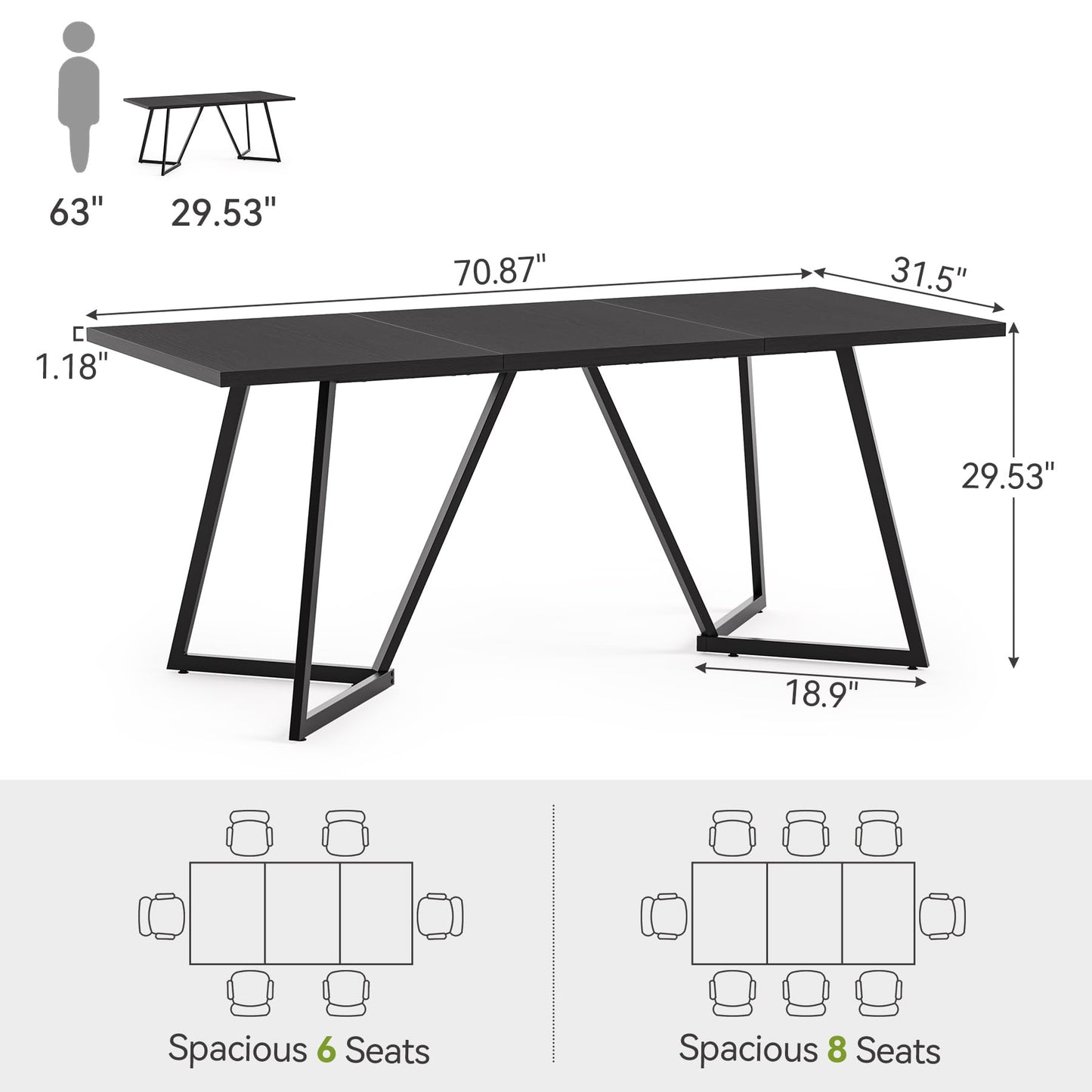 LITTLE TREE 70.86-Inch Conference Table for 8, Black Conference Room Table with Metal Base, Modern 5.9 ft Rectangular Table for Boardroom, Meeting, Conference Room