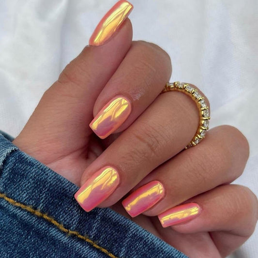 Pink Press on Nails Medium Square Nails Fake Nails Hot Pink Nail Press ons Chrome Glossy Glue on Nails Full Cover Shiny Acrylic Stick on Nail for Women Manicure 24Pcs